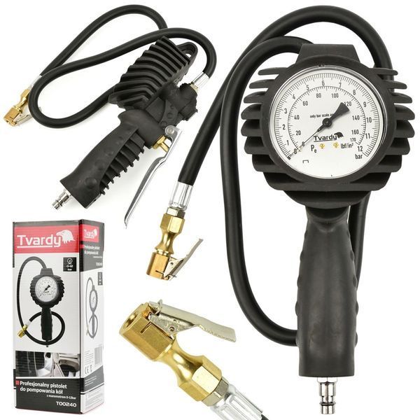 Пістолет для накачування шин з манометром Tvardy T00240 0-12 бар 1/4" пневматичний пістолет для накачування коліс з контролем тиску GK-T00240 фото