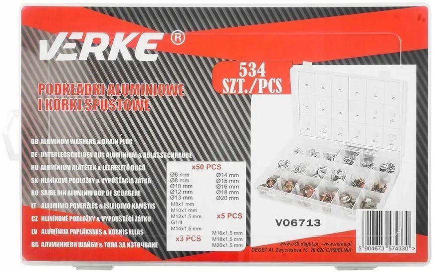 Комплект алюмінієвих шайб та пробок Verke V06713 534 шт шайби-підкладки та пробки для зливу масла набір пробок та шайб в органайзері DGT-V06713 фото
