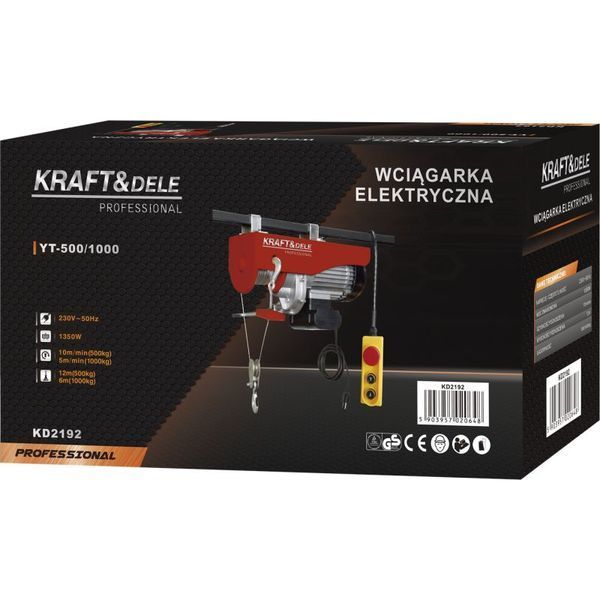 Електричний підйомний тельфер Kraft&Dele KD2192 1350 Вт, 500/1000 кг KD-KD2192 фото