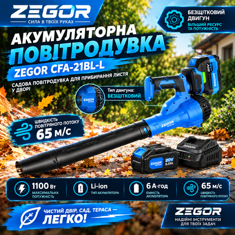 Аккумуляторная бесщеточная воздуходувка Zegor CFA-21BL 20 В, 1100 Вт, 65 м/с ZG-CFA-21BL-L фото