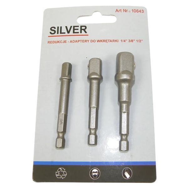 Комплект переходников Silver S10643 1/4" 3/8" 1/2" 3 шт набор адаптеров для отвертки переходники и удлинители для отверточных головок SL-S10643 фото